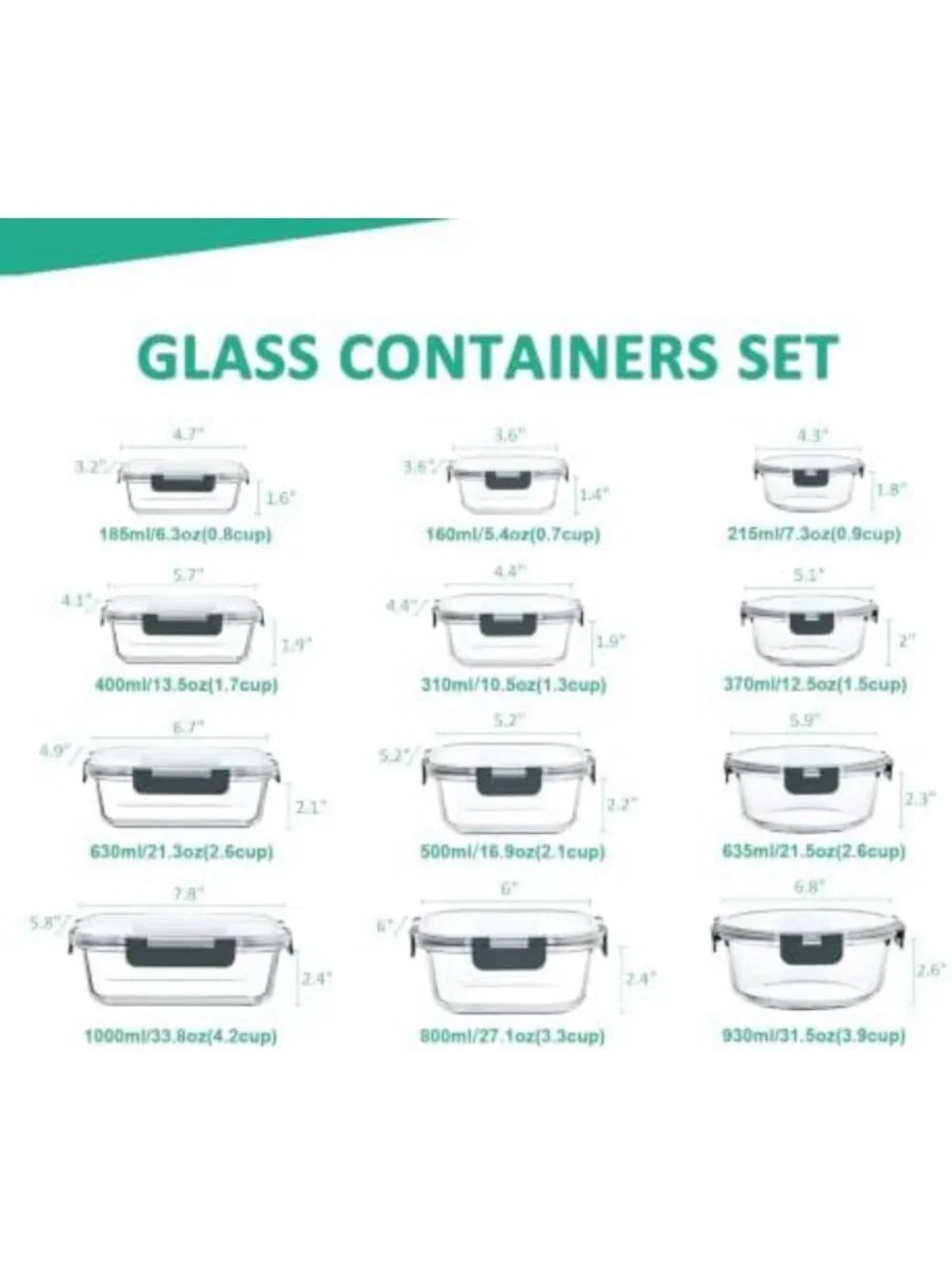 24-Piece Gray Glass Food Storage Containers Set with Lids - Airtight, BPA-Free